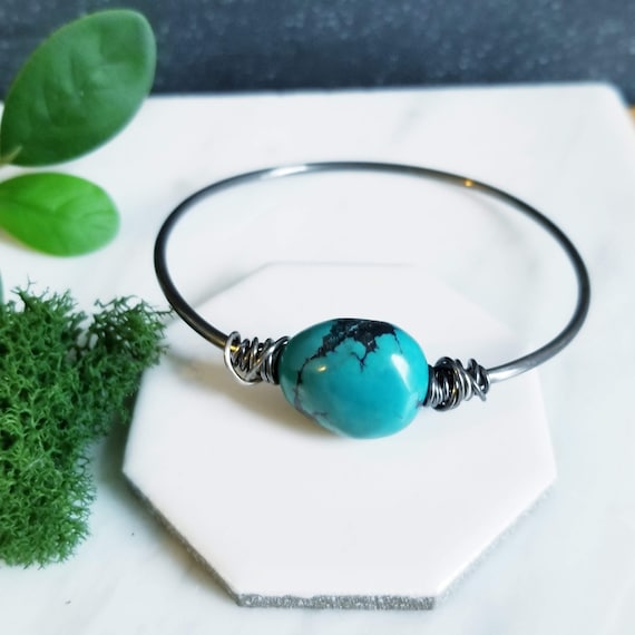 Chunky Turquoise Stone Bangle, Sterling Silver, Boho Stacking Bangle
