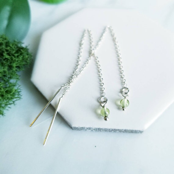 Sterling Silver and round green peridot Threader Earrings, Chain Earrings, made in Canada