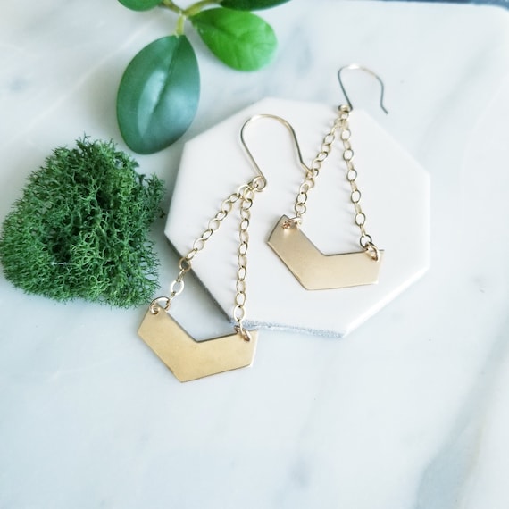 Yellow Gold Filled Chevron Long Chain Dangle Earrings