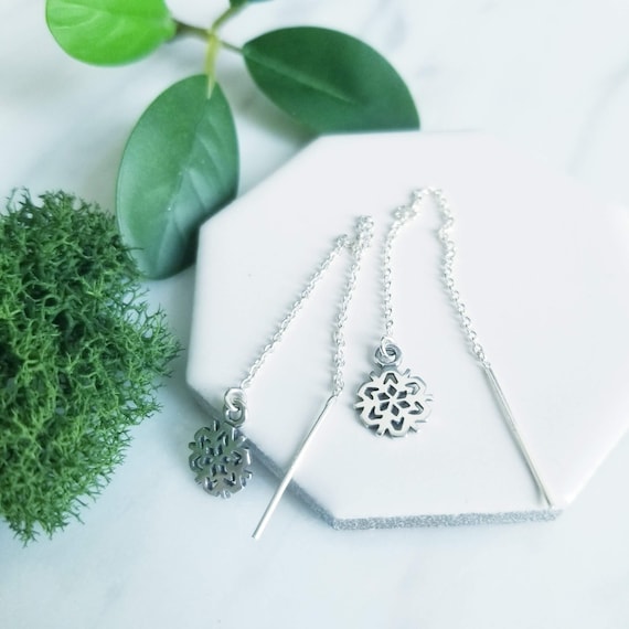 Sterling Silver Snowflake Threader Earrings, Chain Earrings, made in Canada