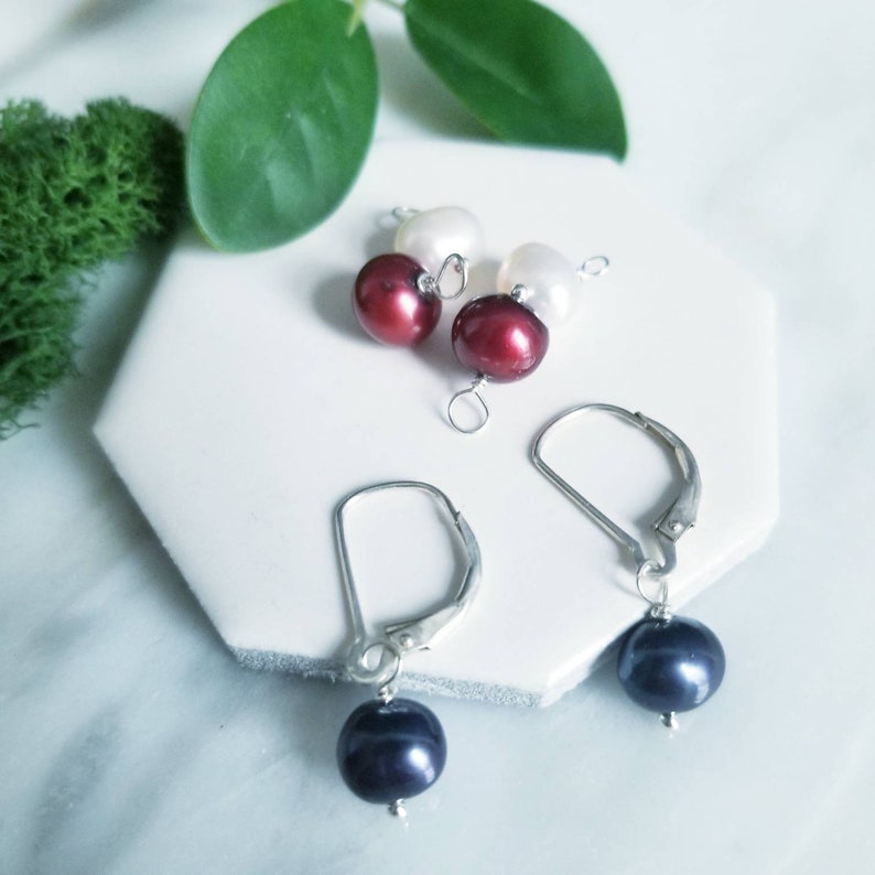 Freshwater Pearl Sterling Silver Earrings, Red, Blue, White Interchangeable Earrings image 2