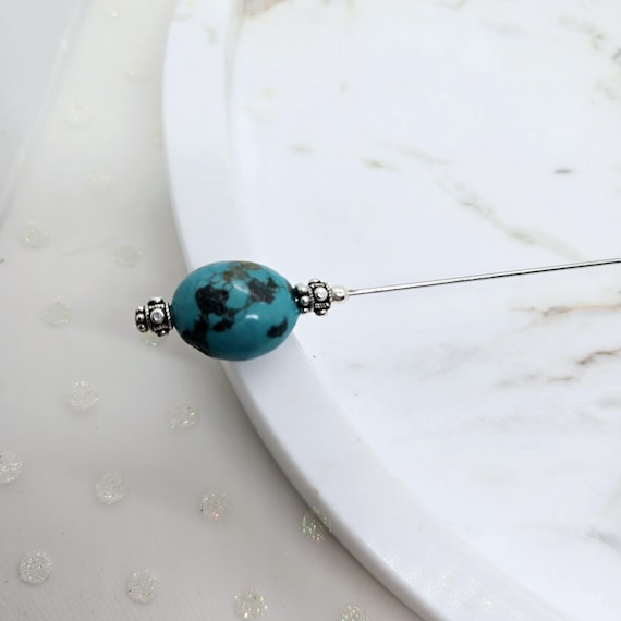 Composite Turquoise & Sterling Silver Hat Pin-8 inch pin, hijab pin