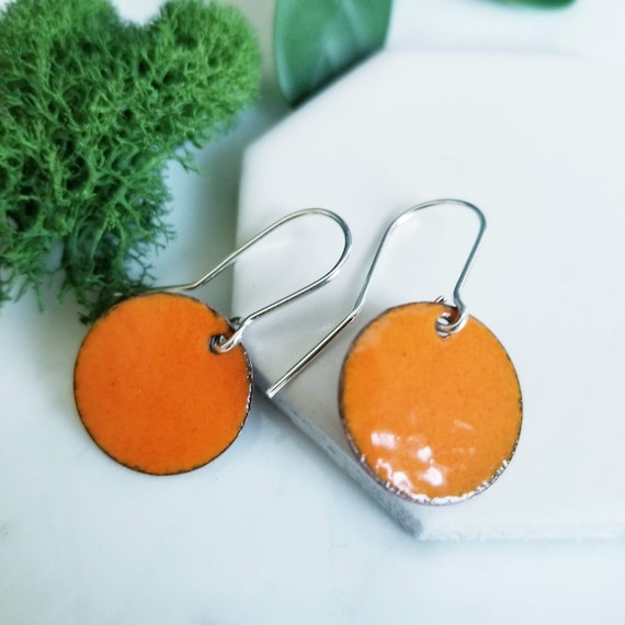 Orange Enamel Disk Earrings: Copper Sterling Silver, Handmade