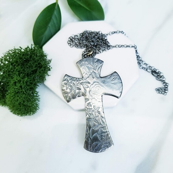 Faded Rose Sterling Silver Cross Necklace - Oxidized Finish