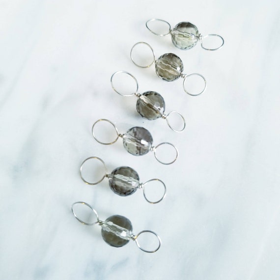 Smoky Quartz, Sterling Silver Double Ended Stitch Markers- Set of 6