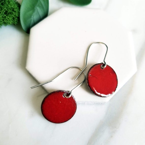 Carmine Glass Enamel Disk Earrings- Clear Red Glass, Copper, Sterling Silver
