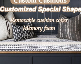 May include: Custom cushions with a customized special shape. The image shows a bench with a patterned cushion and several decorative pillows. The pillows have various designs, including stripes and floral patterns. The text on the image says "Removable cushion cover" and "Memory foam".