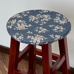Blue Floral Linen Counter Stool Cover, Washable and Removable Cover, Bar Stool Cover,Custom Size