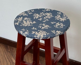 Blue Floral Linen Counter Stool Cover, Washable and Removable Cover, Bar Stool Cover,Custom Size