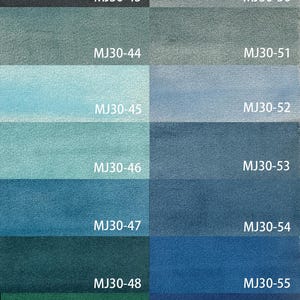 May include: A color palette of fabric swatches in shades of blue and green. Each swatch is labeled with a code, such as MJ30-43, MJ30-44, and so on. The colors range from dark teal to light blue, with a few shades of green.
