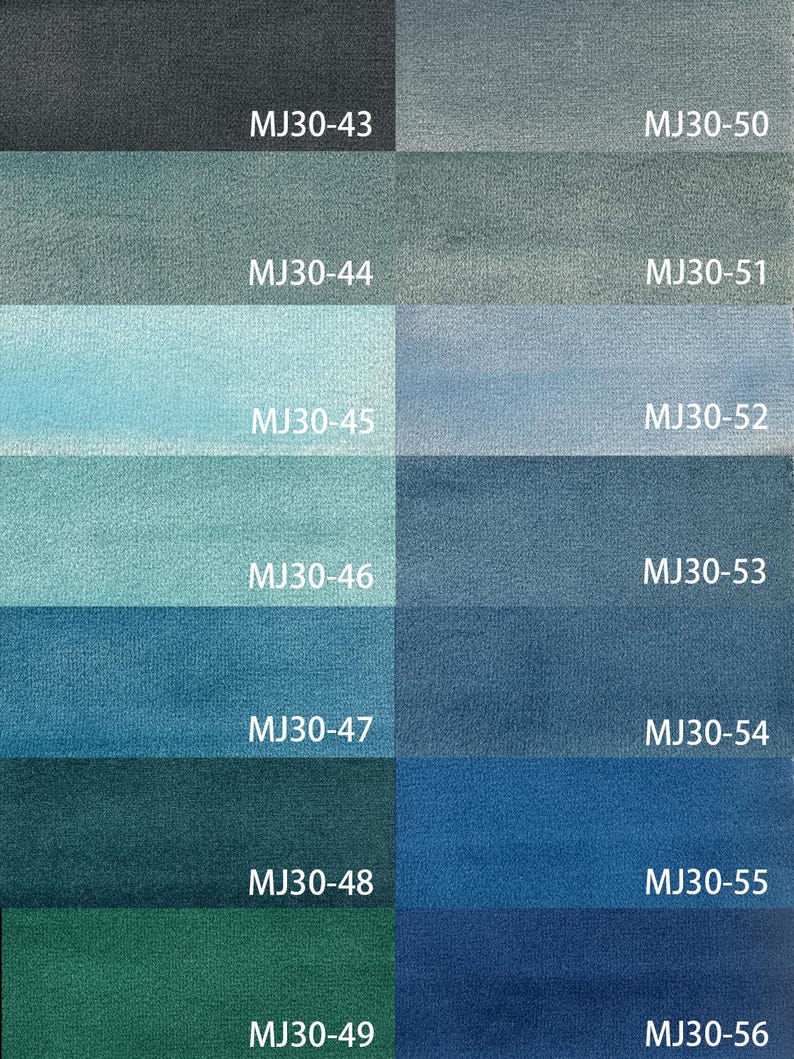May include: A color palette of fabric swatches in shades of blue and green. Each swatch is labeled with a code, such as MJ30-43, MJ30-44, and so on. The colors range from dark teal to light blue, with a few shades of green.