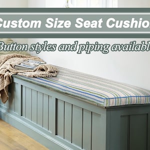 Green striped cotton and linen cushions, cotton and linen window cushions, custom sized and shaped cushions, foam filled cushions.