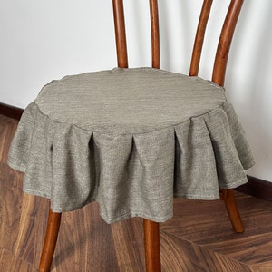 Linen coloured ruffled linen stool covers, washable and removable chair covers, bar chair covers, custom sizes, ruffled chair covers.