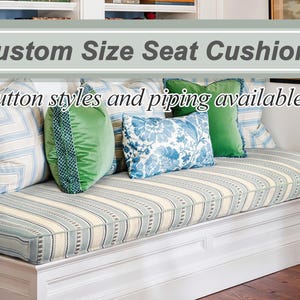 Green striped cotton and linen cushions, cotton and linen window cushions, custom sized and shaped cushions, foam filled cushions.