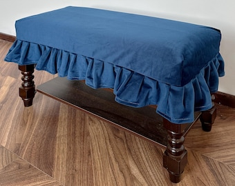 Blue velvet footstool cover, custom footstool cover, multiple colours and fabrics available, replacement cover.