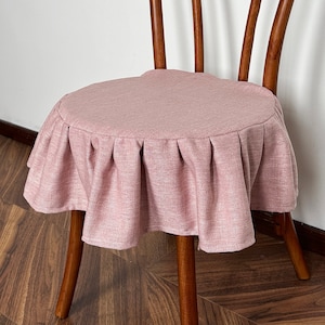 Pink ruffled linen stool cover, washable and removable cover, bar chair cover, custom size, ruffled chair cover