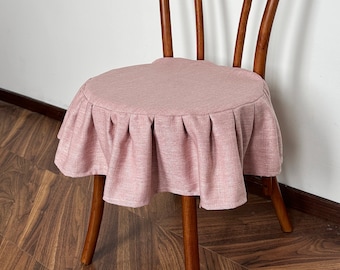 Rosa Hockerbezug mit Rüschen, waschbarer und abnehmbarer Bezug, Barstuhlbezug auf Maß, gerüschter Leinenhocker