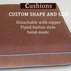 Brown Linen Window Seat Cushion with Light Blue Piping,Custom Size and Shape,Indoor Cushion,Custom Bay Window Seat Cushion