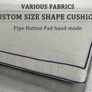 Off White Linen Window Seat Cushion with Blue Piping,Custom Size and Shape,Indoor Cushion,Custom Bay Window Seat Cushion