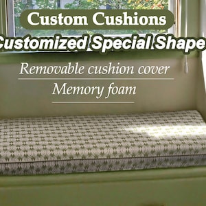 Green geometric cotton and linen cushions, cotton and linen window cushions, cushions in custom sizes and shapes, foam filled cushions.