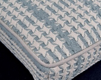Blue striped check cotton and linen cushions, cotton and linen window cushions, cushions in custom sizes and shapes, foam filled cushions.