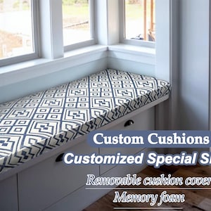 Geometric cushions in navy blue check, window cushions in cotton linen, cushions in customised sizes and shapes, foam-filled cushions.