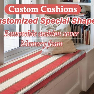 Red striped cushions, cotton and linen window cushions, custom sized and shaped cushions, foam filled cushions.