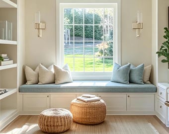 Blue Linen Cotton Indoor Bench Cushion with Piping, Custom Window Seat Pad