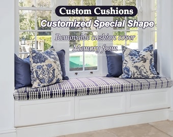 Navy blue cushion with stars and stripes pattern, cotton linen window seat cushion, cushion with customised sizes and shapes.