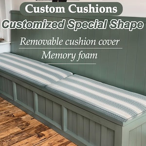 Green striped cotton and linen cushions, cotton and linen window cushions, custom sized and shaped cushions, foam filled cushions.