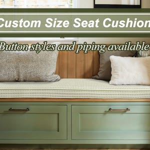 Green striped cotton and linen cushions, cotton and linen window cushions, custom sized and shaped cushions, foam filled cushions.