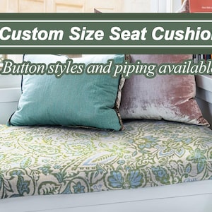Green floral cotton and linen cushions, cotton and linen window cushions, cushions in custom sizes and shapes, foam filled cushions.