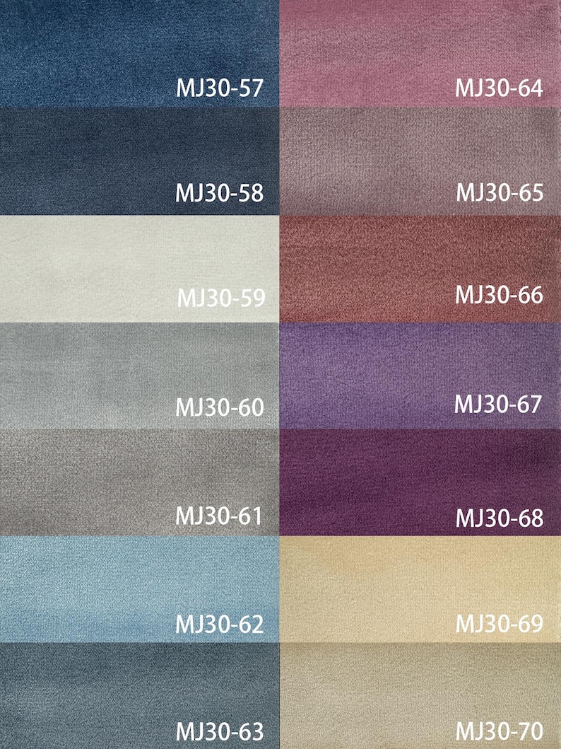 May include: A color palette of fabric swatches in various shades, including blues, grays, and purples. Each swatch is labeled with a code, such as "MJ30-57" and "MJ30-64". The fabrics appear to be soft and textured, suitable for upholstery or home decor.
