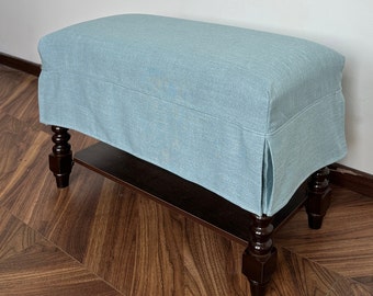 Blue linen ottoman covers, custom ottoman covers, custom ottomans in a wide range of colours and fabrics available, replacement chair covers