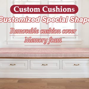 Red striped cushions, cotton and linen window cushions, custom sized and shaped cushions, foam filled cushions.