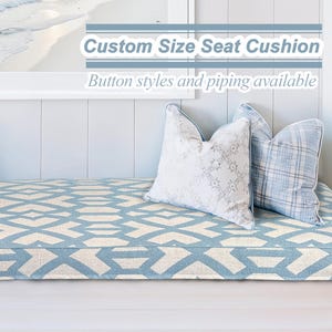 Blue geometric cushion with piping, window seat cotton linen cushion, custom shape and size cushion, foam filled cushion, nook cushion