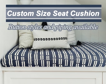Cojín de rayas blancas y azul marino, cojín de asiento de ventana de lino y algodón, cojín de tamaño y forma personalizados, cojín relleno de espuma.