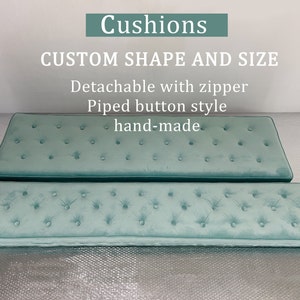 Almofada de veludo azul aqua, almofada de botão francês, formato e tamanho personalizados, almofada cheia de espuma, almofada de assento de janela de sacada personalizada