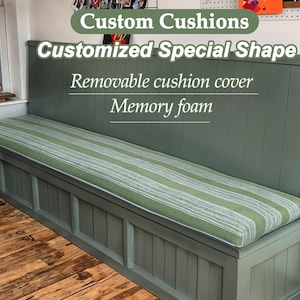 Green striped cushions, cotton linen window cushions, cushions in customised sizes and shapes, foam filled cushions.
