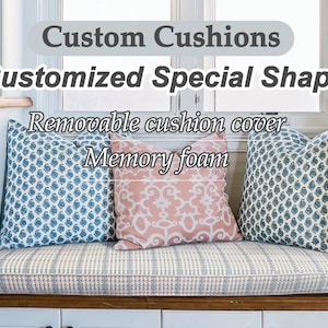 Blue striped check cotton and linen cushions, cotton and linen window cushions, cushions in custom sizes and shapes, foam filled cushions.