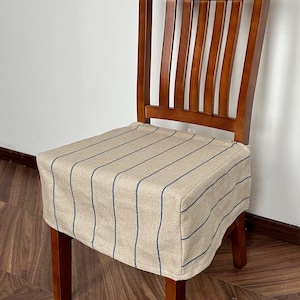 Blue Striped Linen Ottoman Cover, Washable Removable Ottoman Cover, Ottoman Covers, Ottoman Upholstery, Handmade.