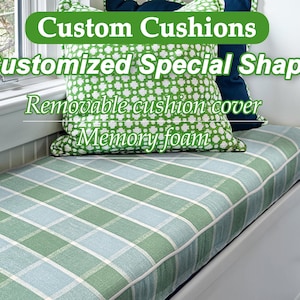 Green striped checked cotton and linen cushions, cotton and linen window cushions, cushions in custom sizes and shapes, foam filled cushion.