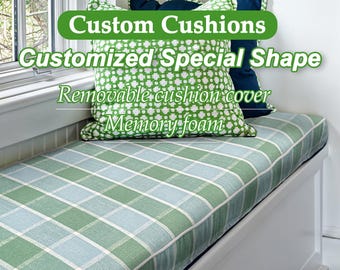May include: Custom Cushions, Customized Special Shape, Removable cushion cover, Memory foam, A window seat cushion with a green and blue plaid fabric cover.