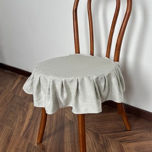 Grey ruffled linen stool covers, washable and removable chair covers, bar chair covers, custom sizes, ruffled chair covers.