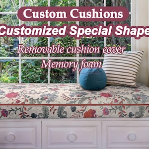 Red floral print cotton and linen cushions, cotton and linen window cushions, cushions in custom sizes and shapes, foam filled cushions.