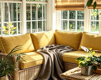 Yellow Linen Bench Cushion with White Piping, Custom Window Seat Pad