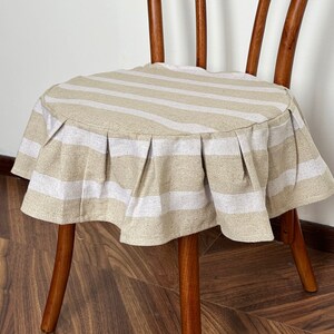 Brown and white striped ruffled linen stool covers, washable and removable chair covers, bar chair cover, custom sizes, ruffled chair covers