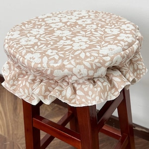 Caramel & White Petite Floral Linen Counter Stool Cover, Washable and Removable Cover, Bar Stool Cover,Custom Size