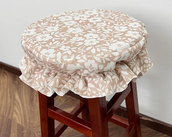 Caramel & White Petite Floral Linen Counter Stool Cover, Washable and Removable Cover, Bar Stool Cover,Custom Size