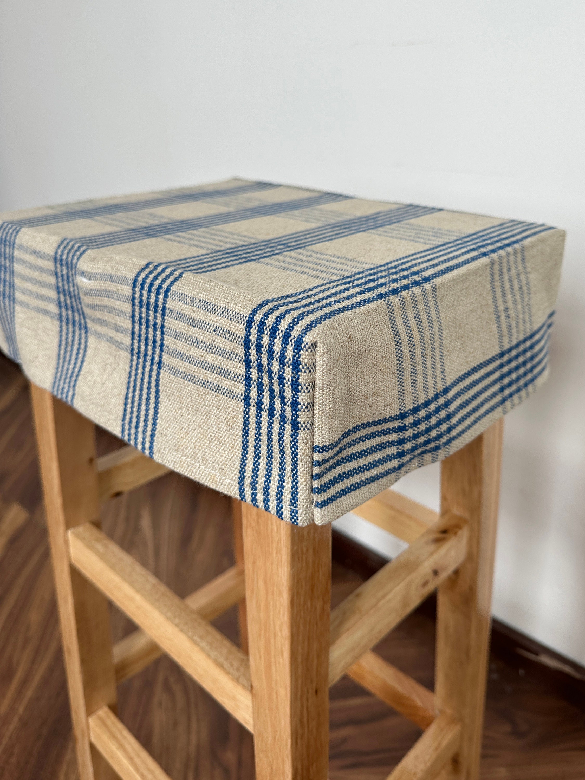 Blue Striped Linen Counter Stool Cover, Washable and Removable Stool ...